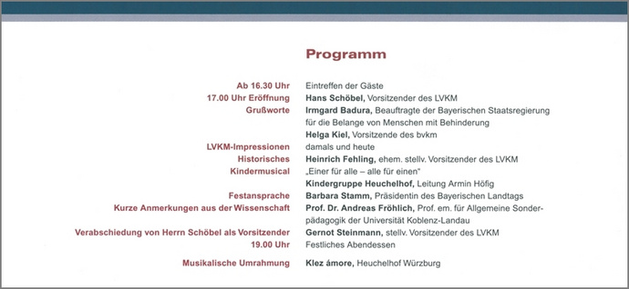 Programm der 50-Jahr-Feier des LVKM im Zentrum für Körperbehinderte Würzburg-Heuchelhof